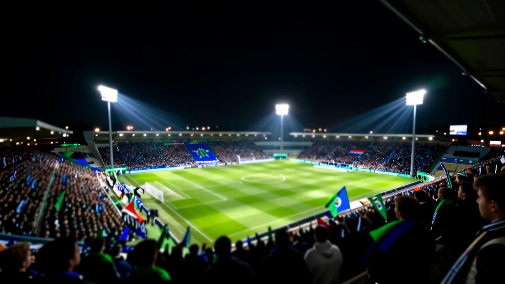 Estadio de fútbol iluminado por la noche
